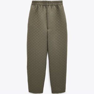 Zara women’s khaki green quilted high rise pull on trouser pants size medium